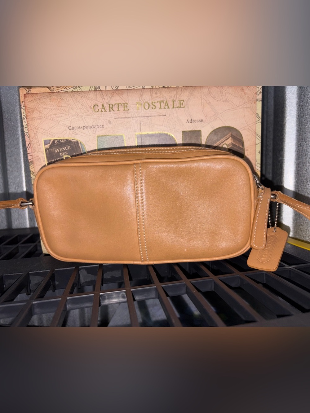 vintage Coach baguette camera bag in British tan leather